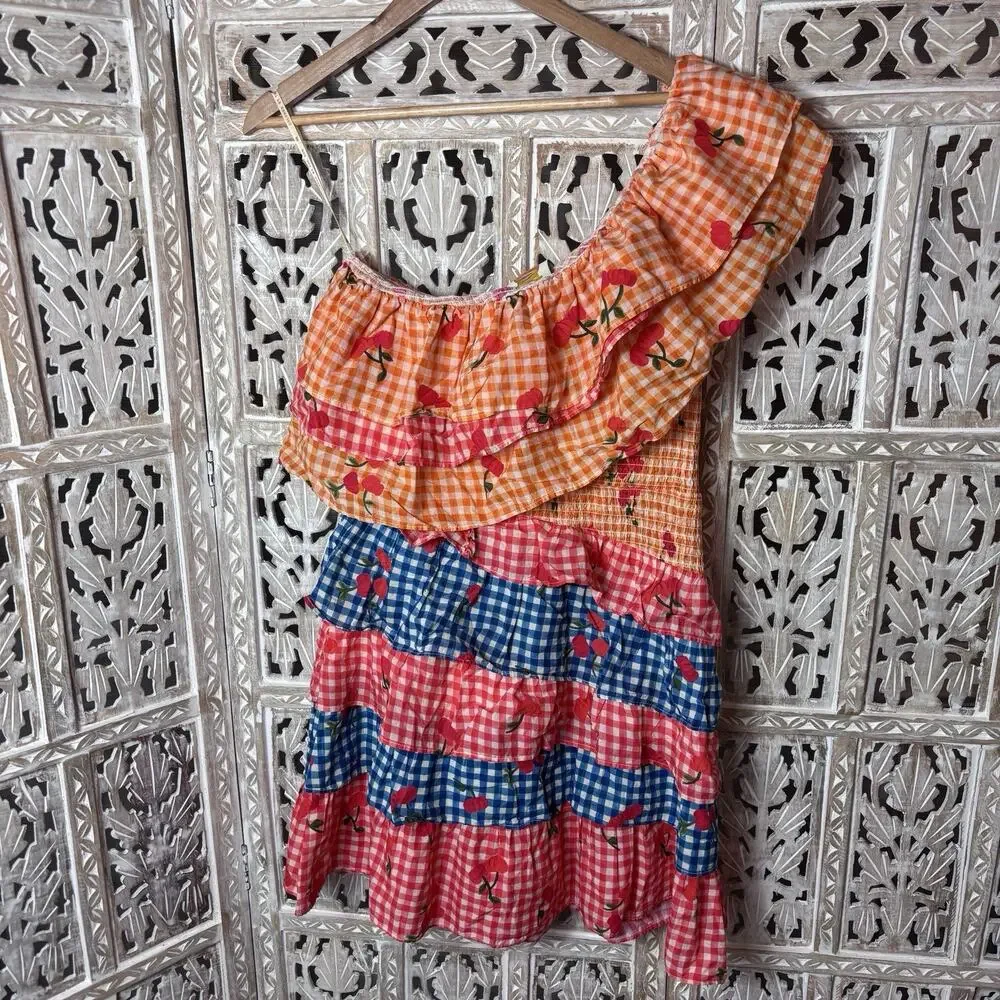 Farm Rio for Anthropologie Cherry Gingham Ruffle Mini Dress Medium Picnic Style